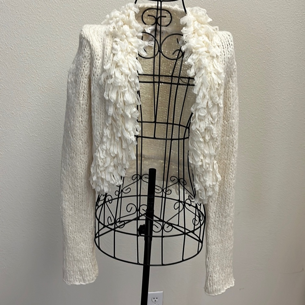 White House Black Market Cream Cropped Knit Shrug with Ruffled Trim